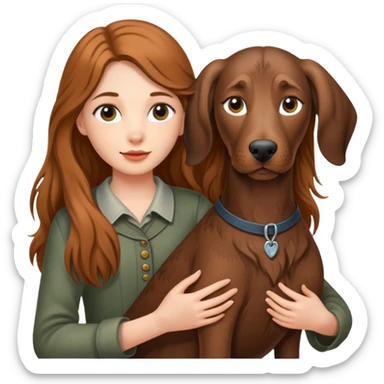 A long-haired girl holding a Plott hound sticker