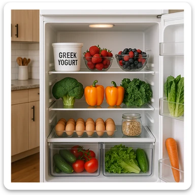 open refrigerator with recommended PCOS foods: Greek yogurt, fresh fruit, vegetables, eggs, seeds, tidy atmosphere, realistic details, kitchen background sticker