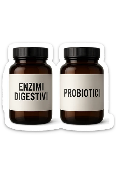 DUE BARATTOLI di integratore con la scritta "ENZIMI DIGESTIVI" E "PROBIOTICI", iperrealistico 4k sticker