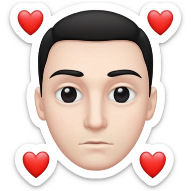 A man with black eyes and eyebrows who has two hearts instead of eyes. sticker