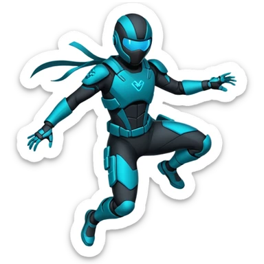 ​"Flat vector sticker, agile cyber-ninja character in a dynamic leap, teal and black tech-suit, glowing accents, die-cut white outline, isolated on white." sticker