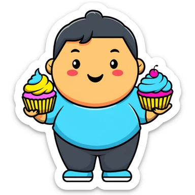Extremely obese African American cartoon character with a very round face, smiling happily while holding colorful cupcakes sticker