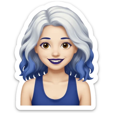 woman wavy with long white hair and brown eyes with dark blue lipstick smiling in a grunge tanktop sticker