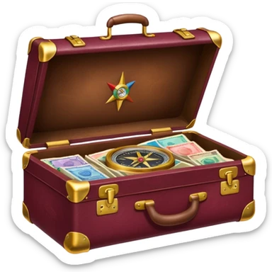 burgundy travel suitcase with multi-colored stamps on it and a gold compass sticker