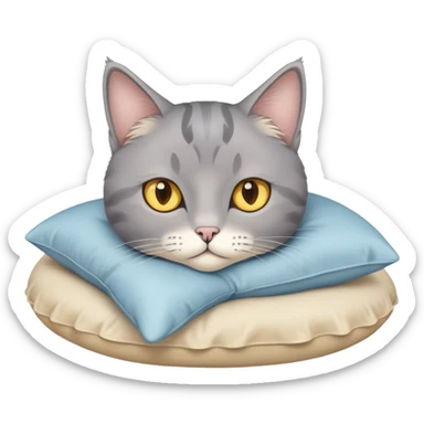 A grey cat with yellow eyes and a light blue bow sits on a beige pillow



 sticker