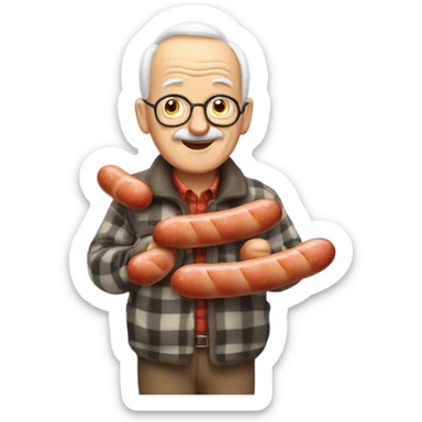 old man outdoors in plaid hanging sausages to dry sticker