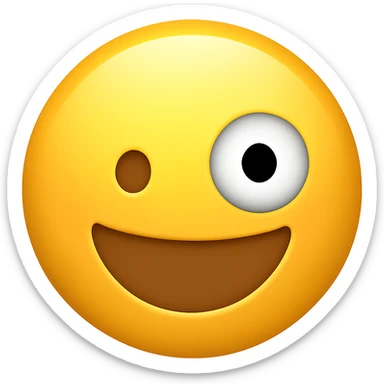 Make this a classic smiley yellow circled emoji with one large and one small eye, in the style of Emojipedia. Keep the background transparent. sticker