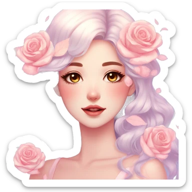 Gorgeous pastel shiny pearly colorful anime style lady with blushing face and roses leaves shiny aesthetic trending style sticker