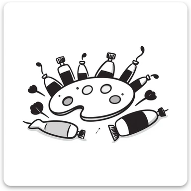 A set of artist's paints with tubes and a watercolor palette in pastel colors (dd9fb0, ffc6d3, a3bfc9, c4bee2, f1b091), hand-drawn doodle style sticker