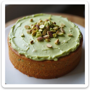 realistic round cake with pistachio frosting and chopped pistachios, photorealistic style sticker