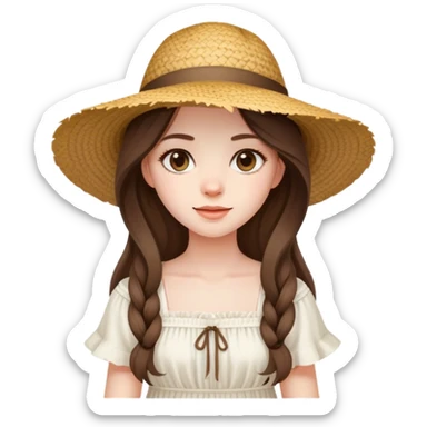 beautiful pale brunette girl with long hair in a white summer dress and straw hat sticker