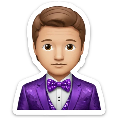Jeremy Renner with light brown hair, purple sequin suit with bow tie sticker