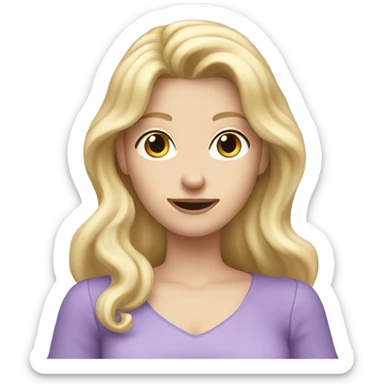 Woman, white skin, pale skin, long hair, blonde hair, wavy hair, lavender top, finger guns sticker