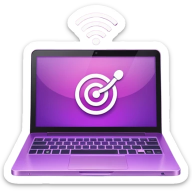 Minimal purple icon: a glowing laptop with a book icon on its screen and a Wi-Fi signal above. Flat style, gradient. sticker