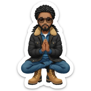 African American man with shoulder length black dreadlocks with black beard wearing black sunglasses wearing a black bubble winter coat wearing denim skinny jeans and timberland boots kneeling in prayer sticker