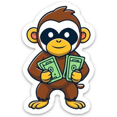 sneaky monkey thief with a bandit mask and money bag sticker