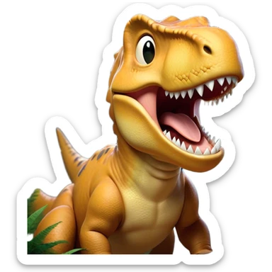 Cinematic Cute Yawning T-rex Portrait Emoji, Head tilted slightly with a dramatic, wide-open yawn, showcasing a robust, muscular form with a slightly open mouth revealing powerful jaws and sleepy, half-closed eyes, Simplified yet irresistibly adorable features, highly detailed, glowing with a soft, cozy prehistoric glow, high shine, relaxed yet expressive, stylized with a hint of whimsical ancient ease, soft glowing outline, capturing the essence of a drowsy yet affectionate T-rex that appears ready to stretch and yawn its way out of the screen! sticker