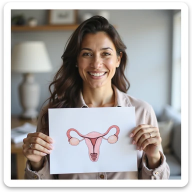 woman with PCOS holding a drawing or print of enhanced oocytes, confident smile, bright clinical or home environment, realistic photography sticker