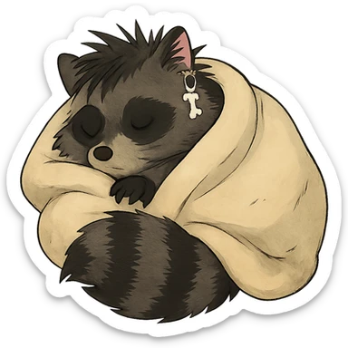 a punk goth trash baby raccoon cuddled up tucked in for a cozy nap sticker