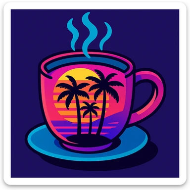 coffee cup with synthwave palm trees, neon sunset colors, retro 80s style sticker