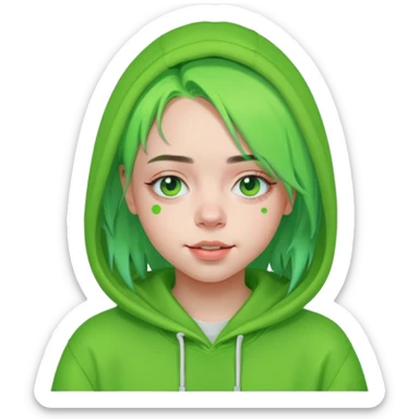 Billie Eilish with neon green hair, hoodie, small smile, pop singer, Apple emoji style sticker