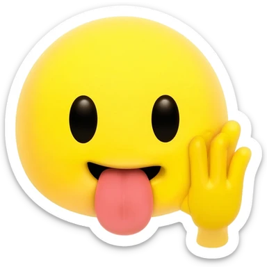 Make a emoji the is like a classic iPhone emoji so it is yellow and make it so the emoji is telling a secret so the hand is right next to the mouth but make the tongue stick out and make the head a circle with no body and the hand is open turned to the side sticker