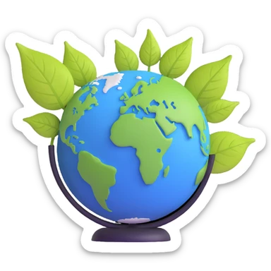 Green leaf on top of a round Earth globe, simple background, soft light sticker