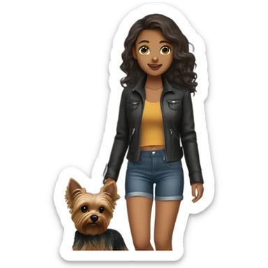 Tan girl autumn wavy medium length hair in her shorts and leather jacket walking her female Yorkie  sticker