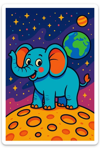 an elephant standing on the moon, vibrant cartoon style sticker