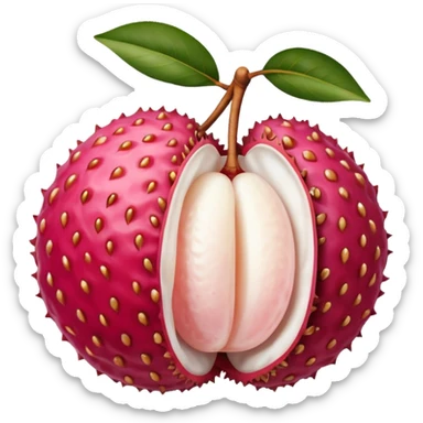 one whole lychee with rough, bumpy pink-red skin and a second one peeled open to show glossy white flesh and smooth brown seed inside, juicy translucent texture, soft lighting, subtle shadows, subtle highlights, no leaves, plate, or extras, apple emoji style, emoji scale sticker