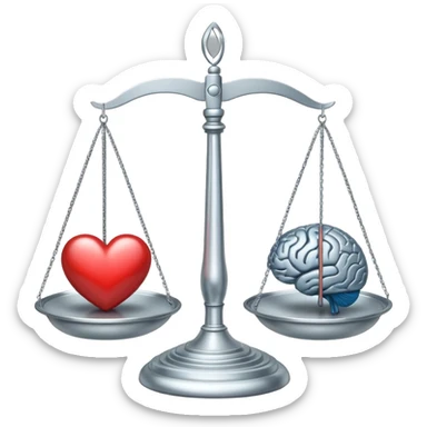 balanced scale with brain on one side and heart on the other side, perfectly balanced sticker