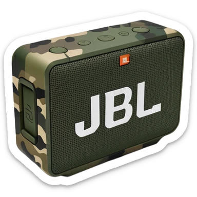 Minimalist JBL Go 4 portable speaker with military camouflage pattern, simple clean design, rectangular shape, subtle JBL logo sticker
