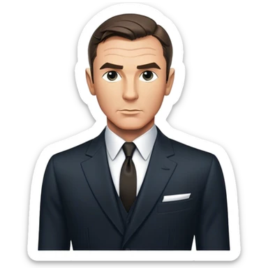 Cinematic Realistic James Bond Portrait Emoji, depicted as a suave, sophisticated secret agent in a tailored suit with a cool, composed gaze and an air of stealth and charm, rendered with crisp textures and dynamic cinematic lighting that captures his timeless espionage allure. sticker