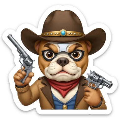 A bulldog wearing a cowboy hat, wearing a mask, pointing a revolver at you and telling you to hand over your money. sticker