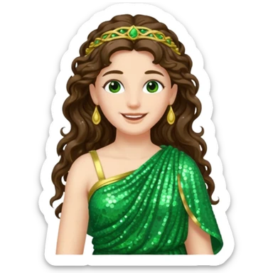 Juno, Goddess of Marriage from Roman Deities with long brunette wavy hair, green sequin toga sticker