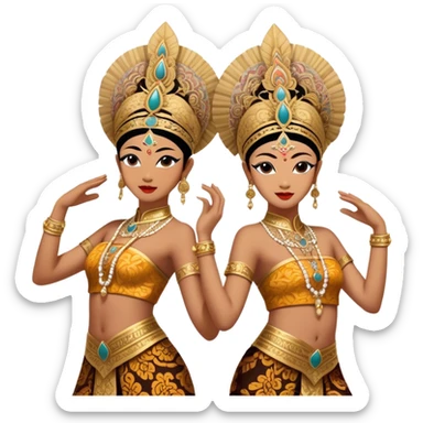 ​Cinematic Realistic Traditional Javanese Dancers, depicted as two graceful dancers in ornate traditional costumes with intricate batik patterns and elaborate headpieces, captured in dynamic poses during a ritual dance in an ancient temple courtyard, rendered with soft golden lighting and rich cultural textures, sticker