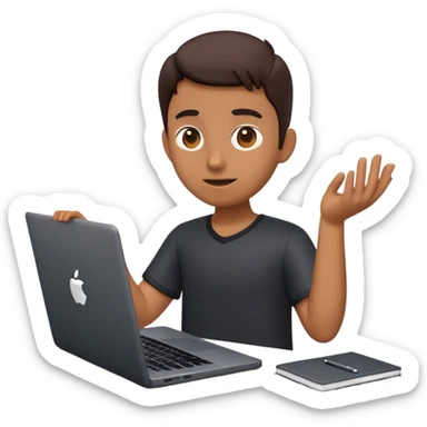 A dark-colored laptop with the screen open. From the screen, a person is emerging, standing or sitting as if giving a lecture or teaching. The person should look expressive and in a teaching pose. Soft shadows, semi-3D Apple emoji style, clean white background. sticker