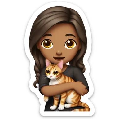 Beautiful skinny hot woman long dark brown hair in dress hug bengal cat sticker