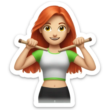 Red headed girl doing a workout with a drumstick in each hand with the drumsticks crossed in front of her and make the drumsticks green sticker
