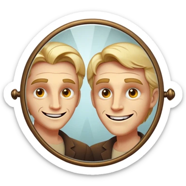 A smug charismatic figure holds a mirror seeing their reflection. in the glass—glowing, predatory eyes a grin, or deep cracks symbolizing a **fragile ego**. Their grip is tight, as if clinging to the illusion of perfection, shadows  behind them, revealing the manipulation hidden beneath their charm. sticker