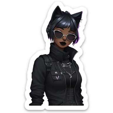 Gorgeous gothic dark techwear cyberpunk anime style sona anthro cat, aesthetic, and pretty edgy black with collar and harness, trending style sticker