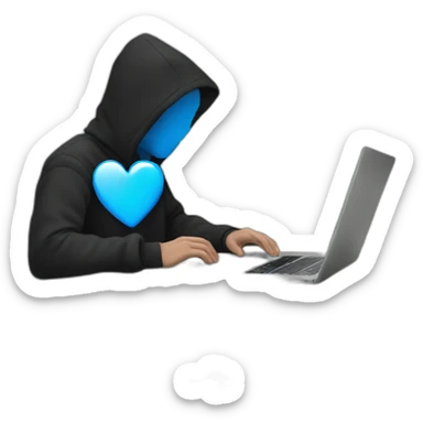 a white man wearing a black hoodie facing a laptop screen with a blue heart on it sticker