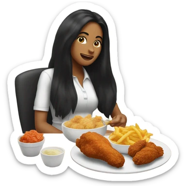 Woman with long black hair eating fried chicken sticker
