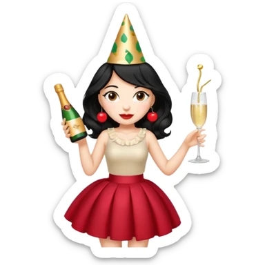 A woman with wavy black hair in a cherry skirt, beautiful and authoritative, drinking champagne sticker
