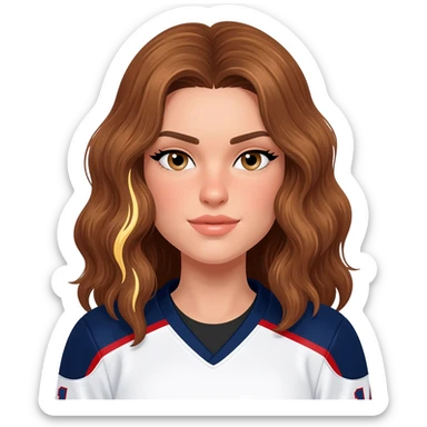 Una chica jugadora de hockey pelo castaño ondulado con mechas rubias una en el lado izquierdo debajo de una capa de pelo y la otra detras y tiene un cuerpo de atleta sticker