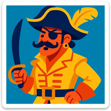 a pirate in a golden uniform and a hat with a golden feather, stylized, vibrant colors sticker