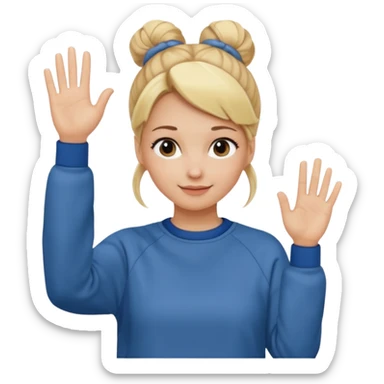 blonde woman with bun in casual clothes and sweat shirt waving sticker