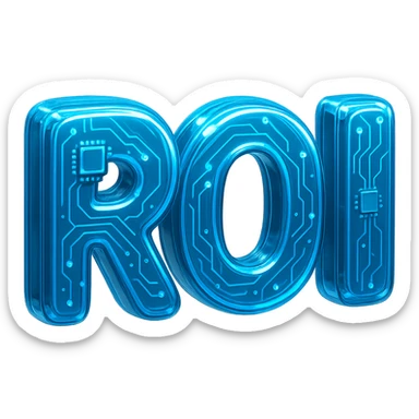 Futuristic 'ROI' typography, glossy circuit style, luminous blue highlights sticker