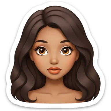 Glamourous, light brown skin tone, very beautiful girl, with big plump peach-beige lips, long long lashes, black wavy smooth long hair, straight parting hair, brown eyes sticker