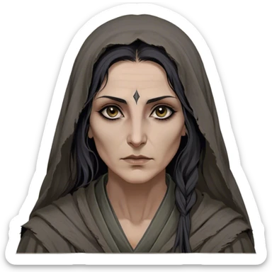 Mirri Maz Duur is a weathered, age 45 Lhazareen woman with deep-set dark eyes, high cheekbones, and a sharp nose, giving her a stern, knowing expression. Her long, unkempt dark hair streaked with gray falls loosely over her shoulders, and her earth-toned, tattered robes mark her as a humble healer. Despite her frail appearance, she exudes an aura of mystery and menace, her hands stained with herbs and blood from both healing and dark sorcery. sticker